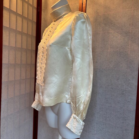Hand Made Satin High Neck Blouse with Lace Trim and Pearl buttons - Picture 2 of 11
